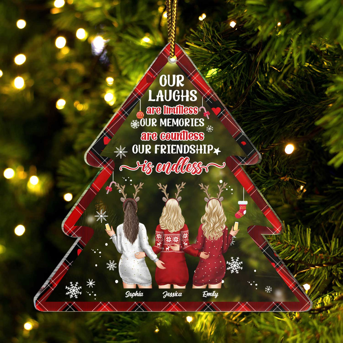 Nos rires sont illimités en forme de sapin de Noël - Cadeau pour les meilleures amies, les meilleures amies, les sœurs, les filles - Ornement en acrylique personnalisé en forme personnalisée