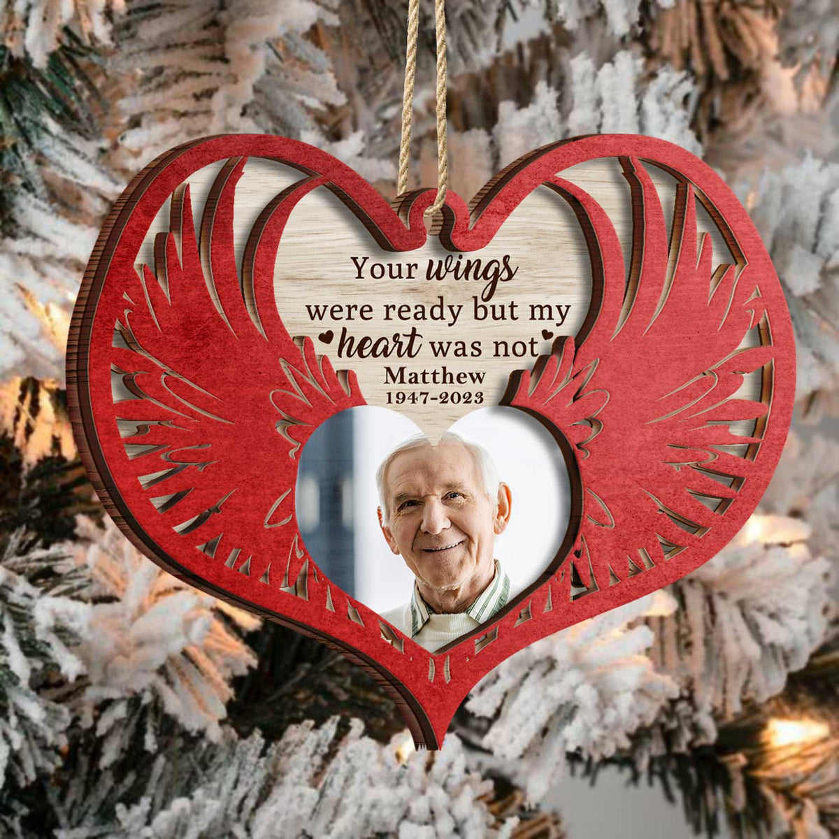 Ailes d'ange photo personnalisées - Souvenir de Noël, cadeau commémoratif familial - Décoration en bois personnalisée à 2 couches