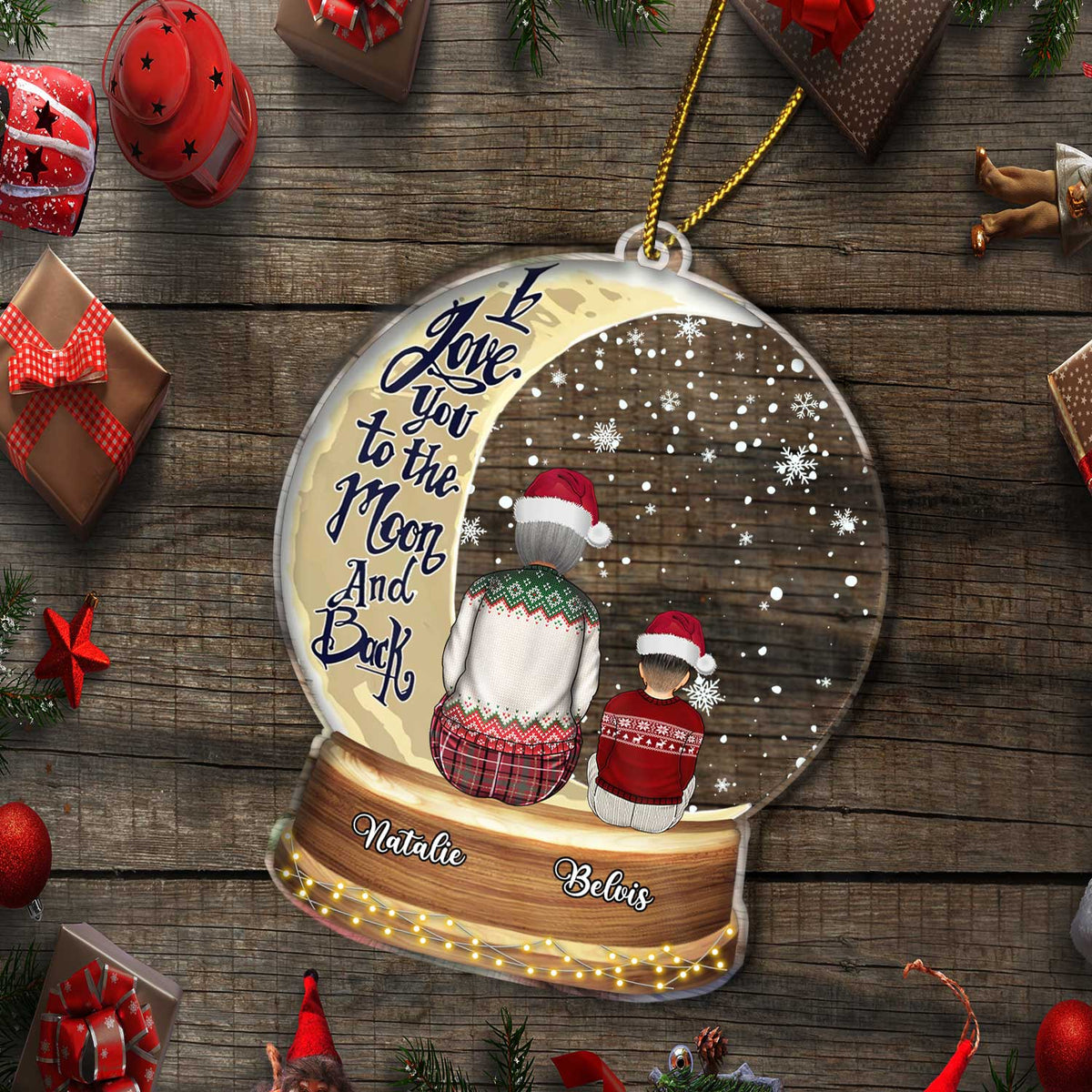 Snow Globe Love You To The Moon & Back - Christmas Gift For Grandma, Mother, Granddaughter, Grandson, Kids - Personalized Custom Shaped Acrylic Ornament