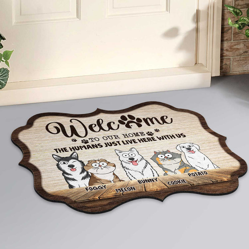 Humans Just Live Here With Us Funny Cartoon Dogs Cats - Gift For Pet Lovers - Personalized Custom Shaped Doormat
