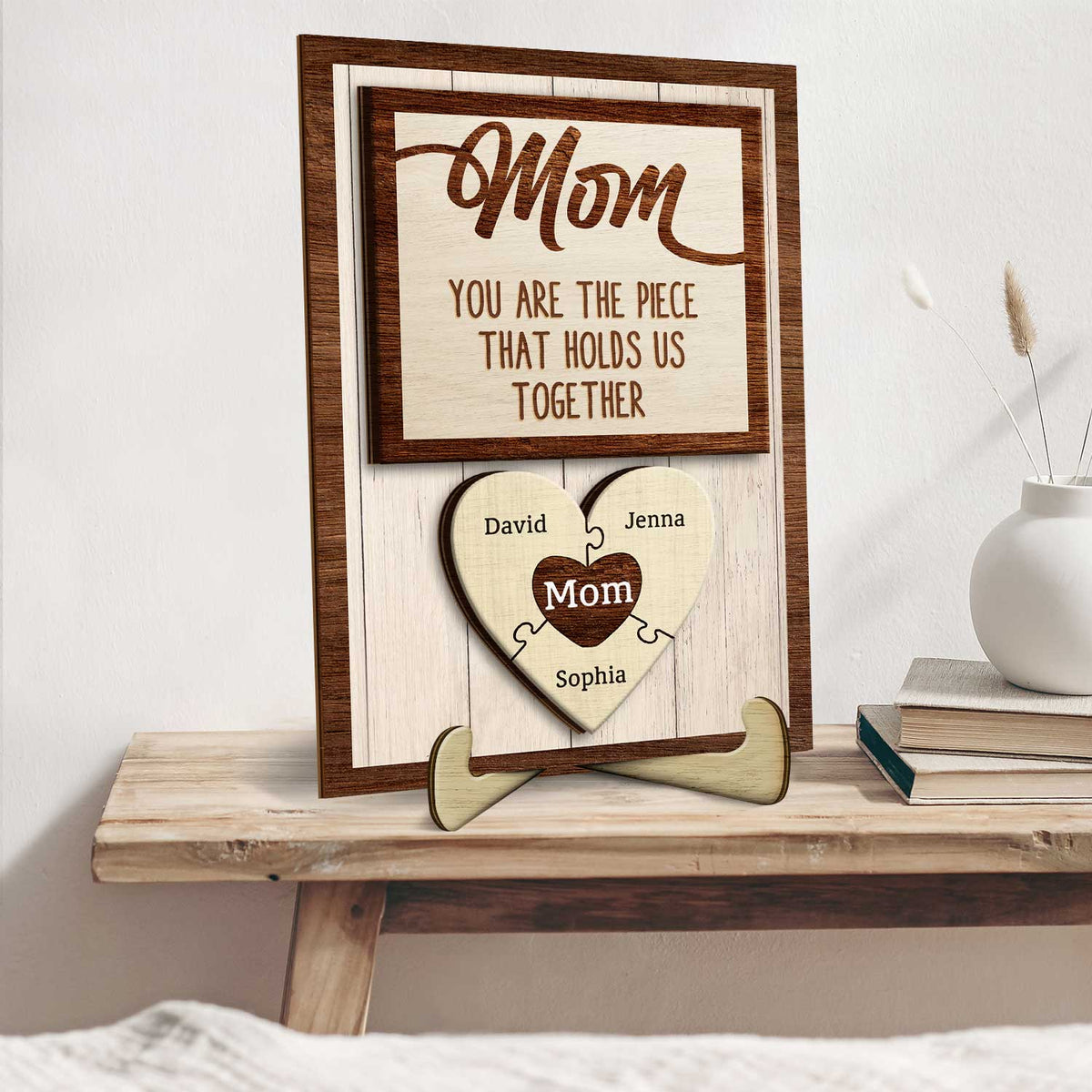 Mom Puzzle Pieces - Gift For Mother, Family - Personalized 2-Layered Wooden Plaque With Stand