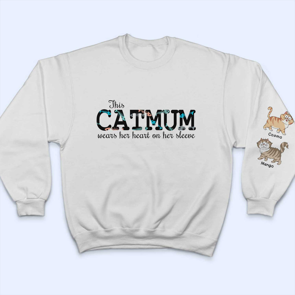 Cette maman chat porte son cœur - Cadeau pour les amoureux des chats - Sweat-shirt personnalisé avec empreinte sur la manche