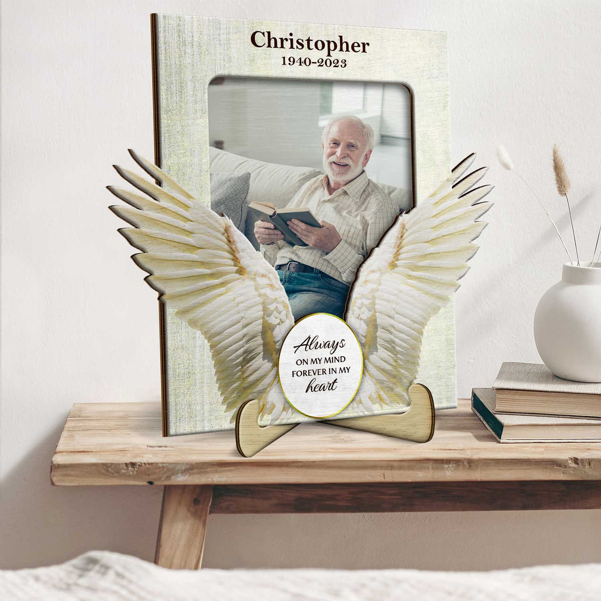 Custom Photo Cherished In Our Hearts Enfolded In Angel Wings - Memorial Gift, Sympathy Gift - Personalized 2-Layered Wooden Plaque With Stand