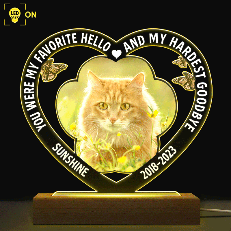 Custom Photo Dog Cat My Favorite Hello & Hardest Goodbye - Pet Memorial Gift, Sympathy Gift - Personalized 3D Led Light Wooden Base