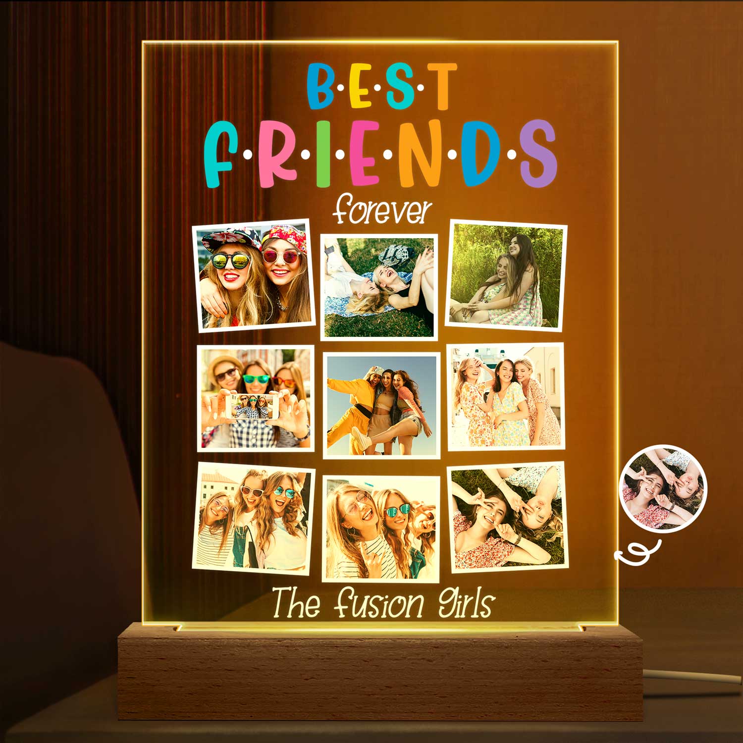 Custom Photo Best Friends Forever - Gift For BFF Besties - Personalized 3D Led Light Wooden Base