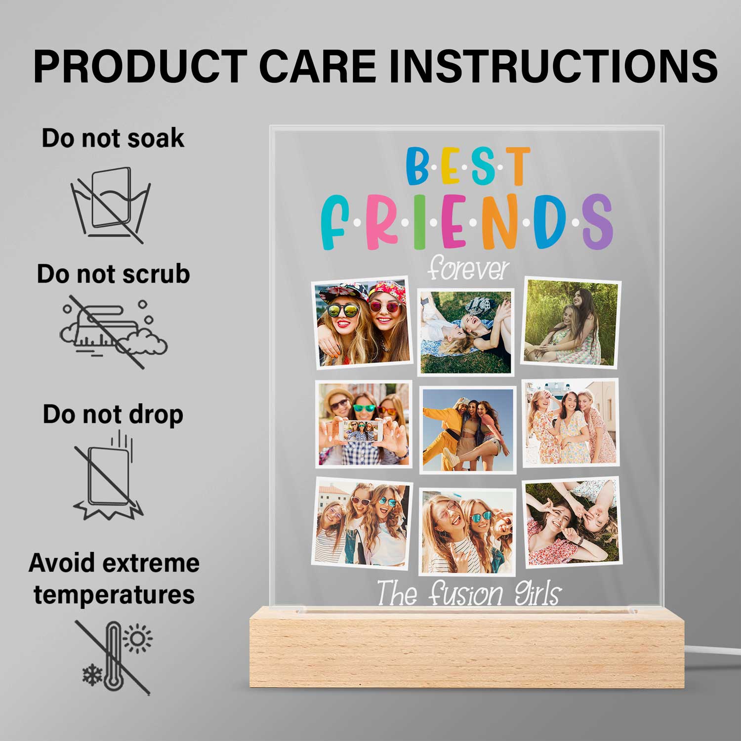Custom Photo Best Friends Forever - Gift For BFF Besties - Personalized 3D Led Light Wooden Base