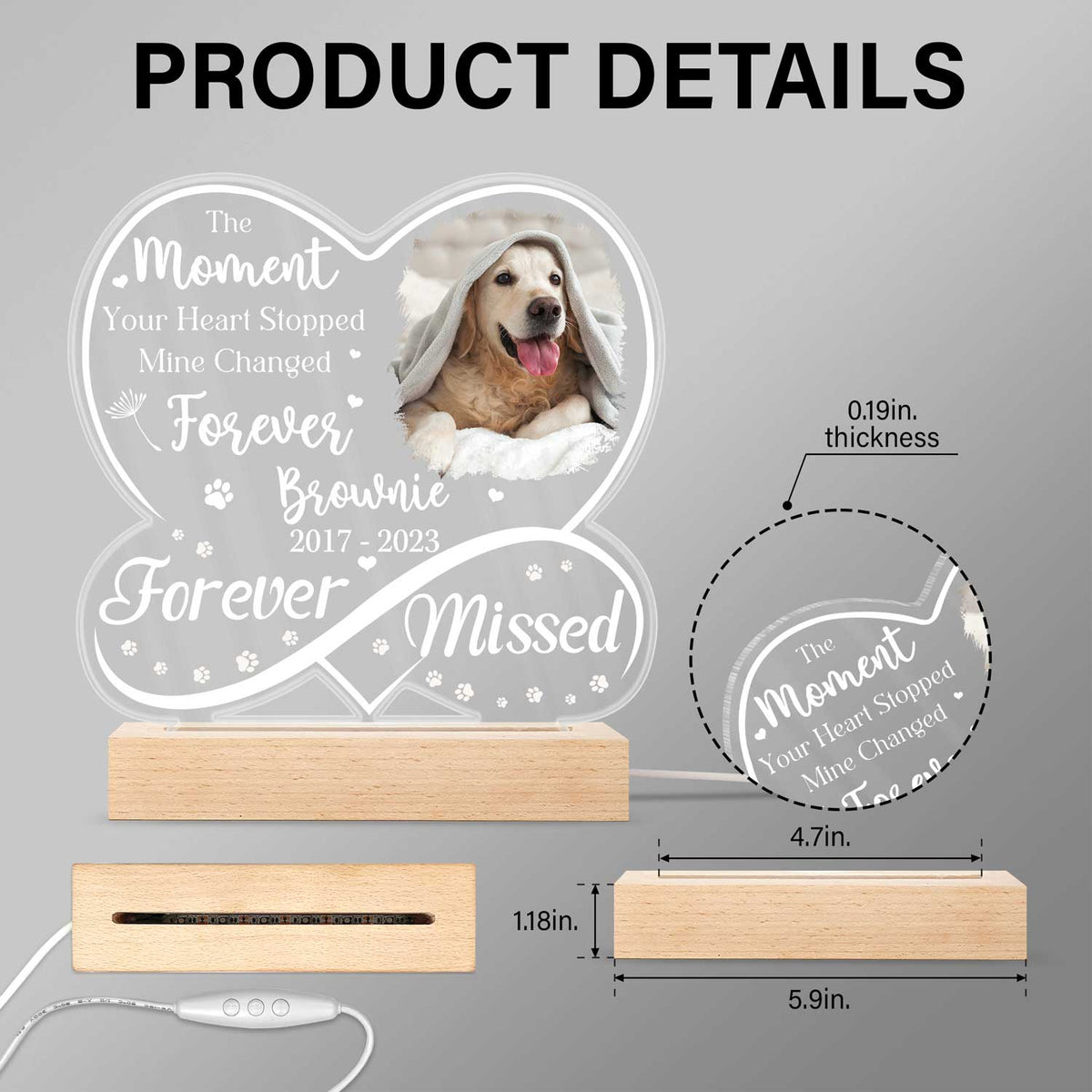 Custom Photo Dog Cat Infinity Heart Forever Missed - Pet Memorial Gift, Sympathy Gift - Personalized 3D Led Light Wooden Base