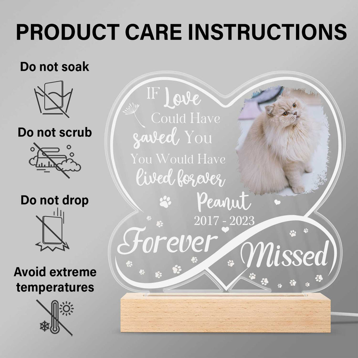 Custom Photo Dog Cat Infinity Heart Forever Missed - Pet Memorial Gift, Sympathy Gift - Personalized 3D Led Light Wooden Base