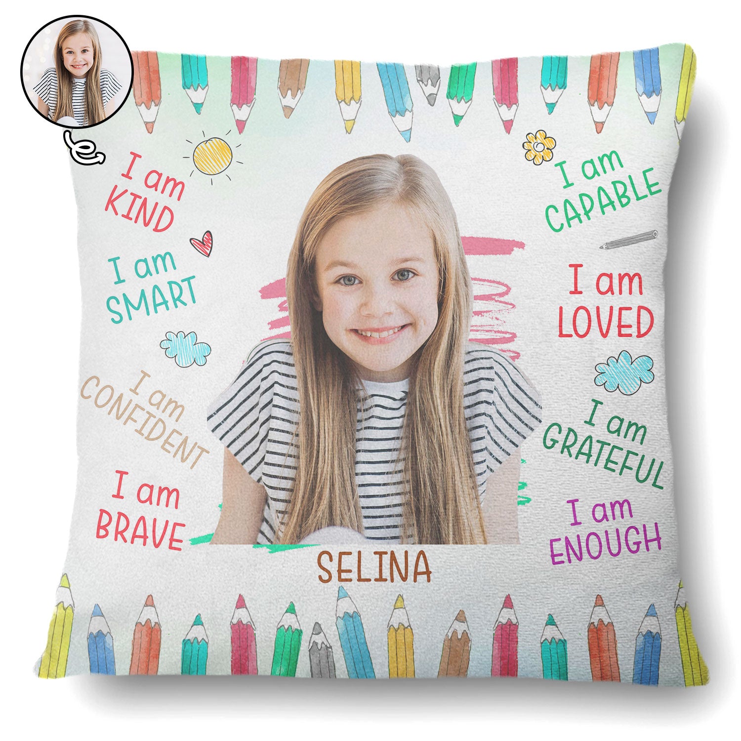 Custom Photo Positive Affirmations - Gift For Kid, Daughter, Son, Granddaughter, Grandson, Grandkid - Personalized Pillow