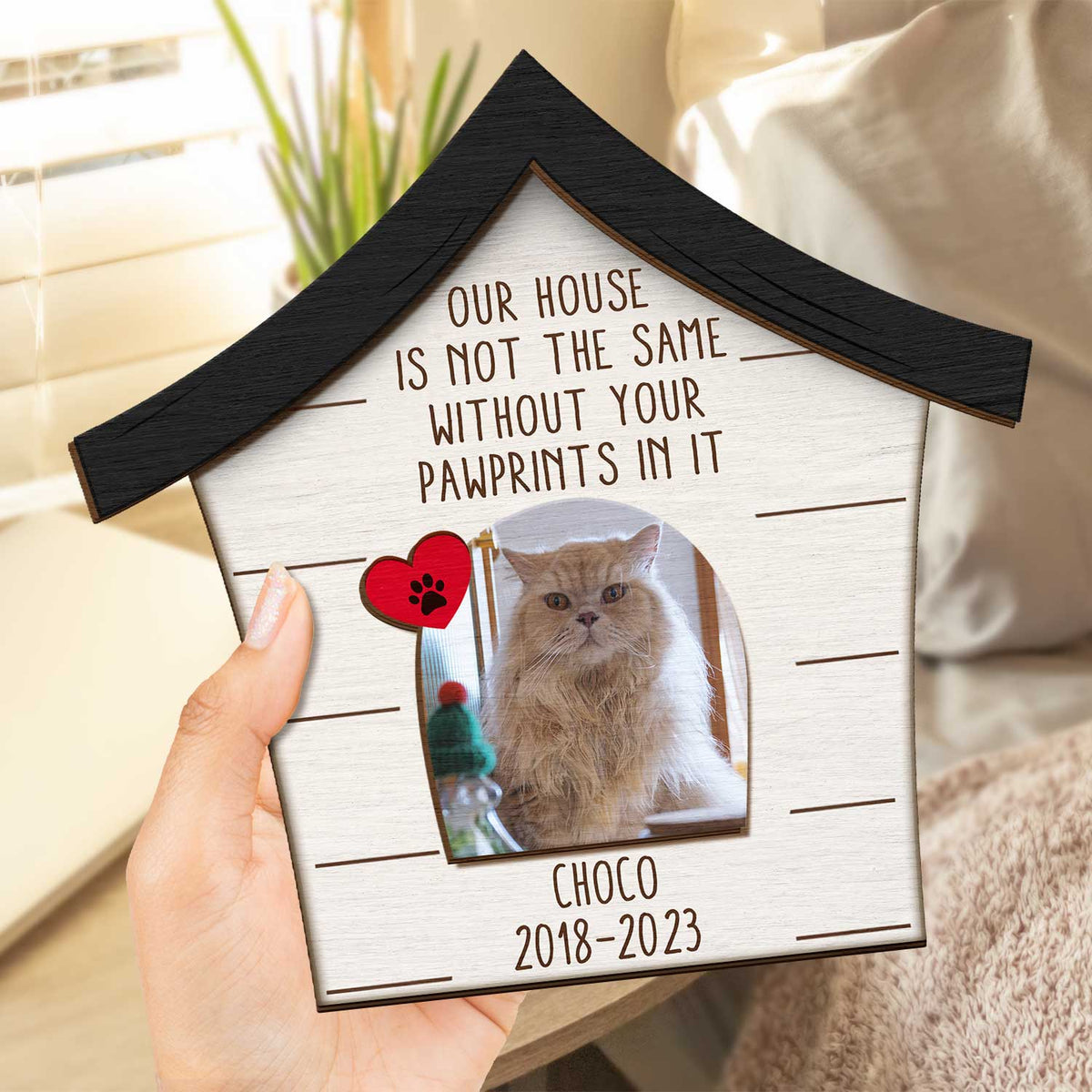 Photo personnalisée chien chat Notre maison n'est pas la même sans vos empreintes de pattes - Cadeau commémoratif pour animaux de compagnie - Plaque en bois personnalisée à 2 couches avec support