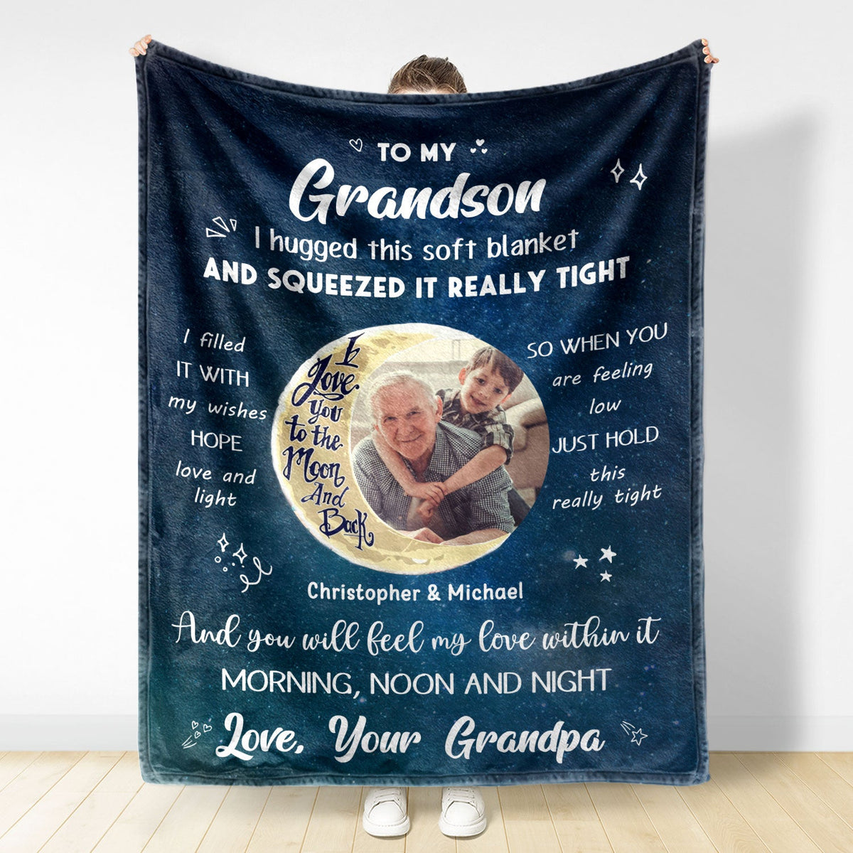 Custom Photo To The Moon & Back - Gift For Grandkids, Grandparents, Mom, Dad, Daughter, Son - Personalized Fleece Blanket