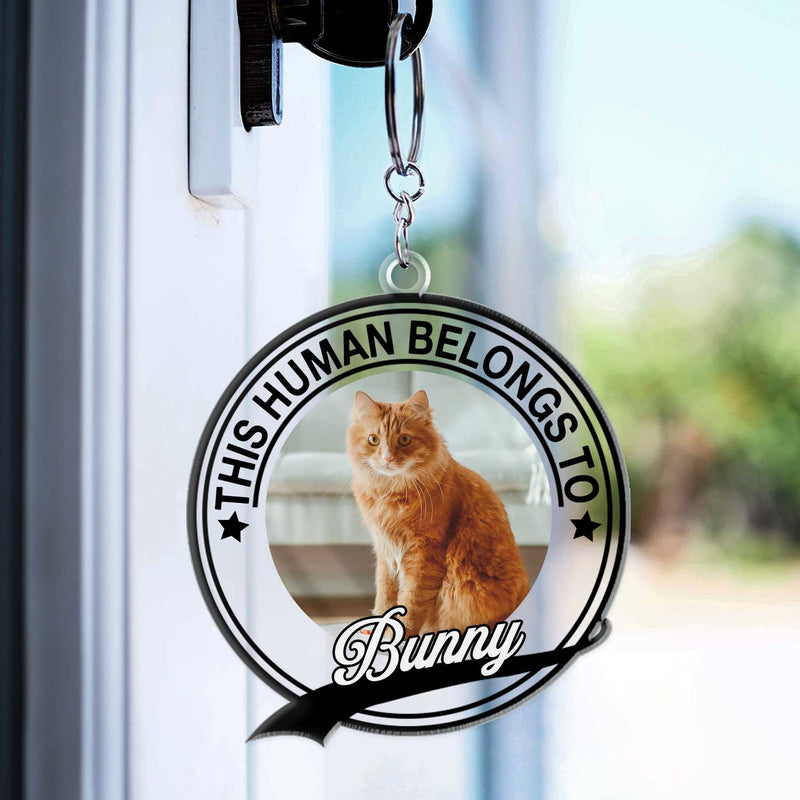 Custom Photo Dog Cat This Human Belongs To - Gift For Pet Lovers - Personalized Acrylic Keychain