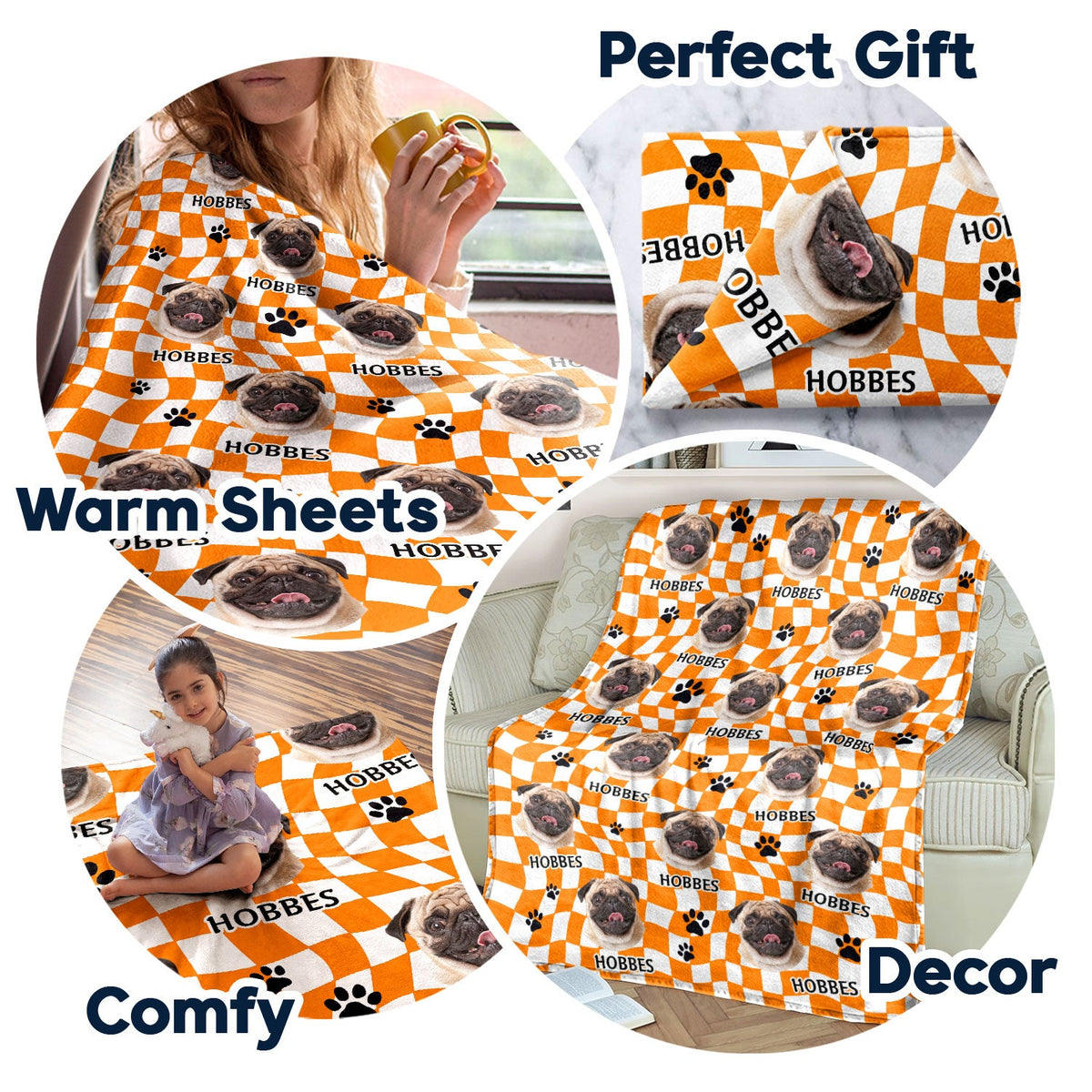 Custom Photo Dog Cat Retro Checkered Background - Gift For Pet Lovers - Personalized Fleece Blanket