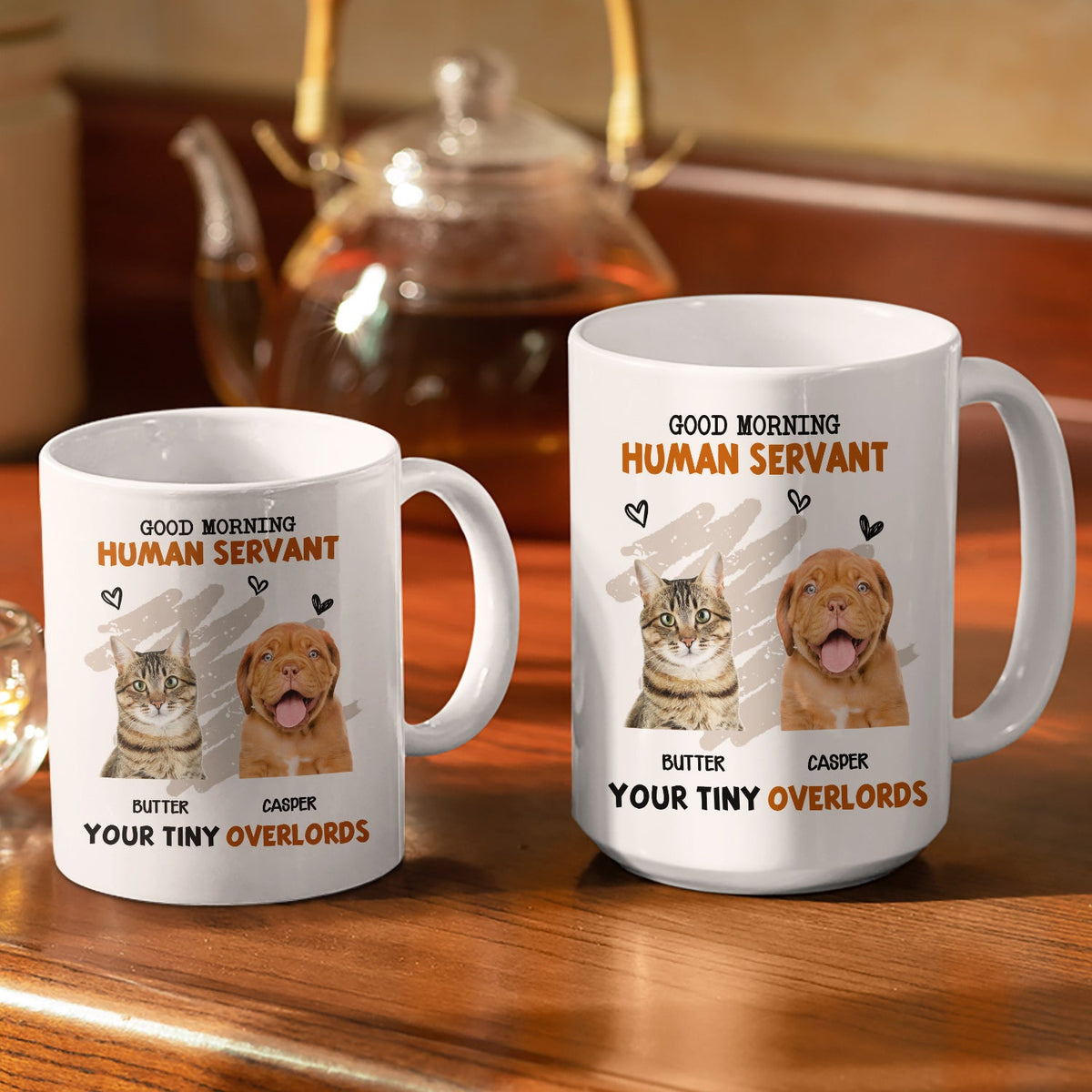 Custom Photo Cat Dog Good Morning Human Servant - Gift For Pet Lovers - Personalized White Edge-to-Edge Mug