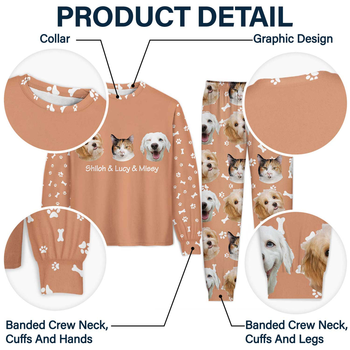 Pyjama unisexe personnalisé avec photo de visages d'animaux - Cadeau pour amoureux des chiens et des chats