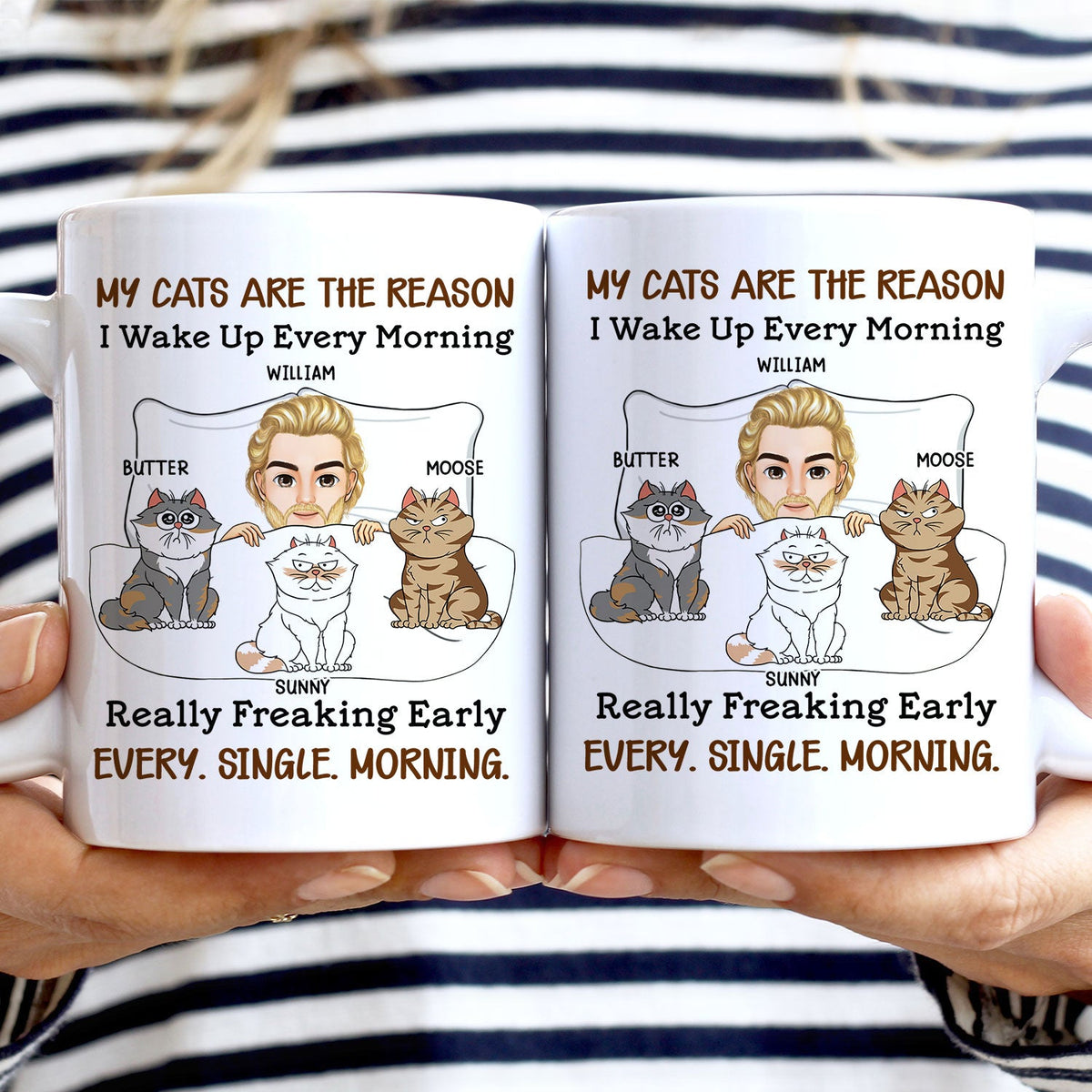 My Cats Are The Reason I Wake Up Every Morning - Gift For Cat Lovers, Cat Mom, Cat Dad - Personalized White Edge-to-Edge Mug