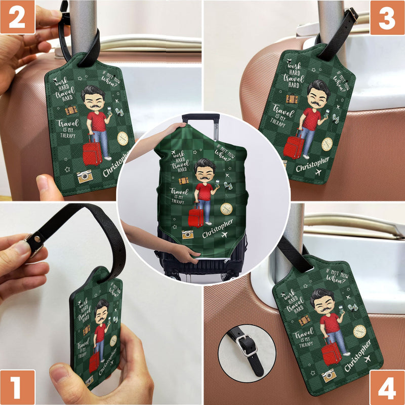 Travel Is My Therapy - Gift For Travelers, Travelling Lovers, Him, Her - Personalized Combo Luggage Cover And Luggage Tag