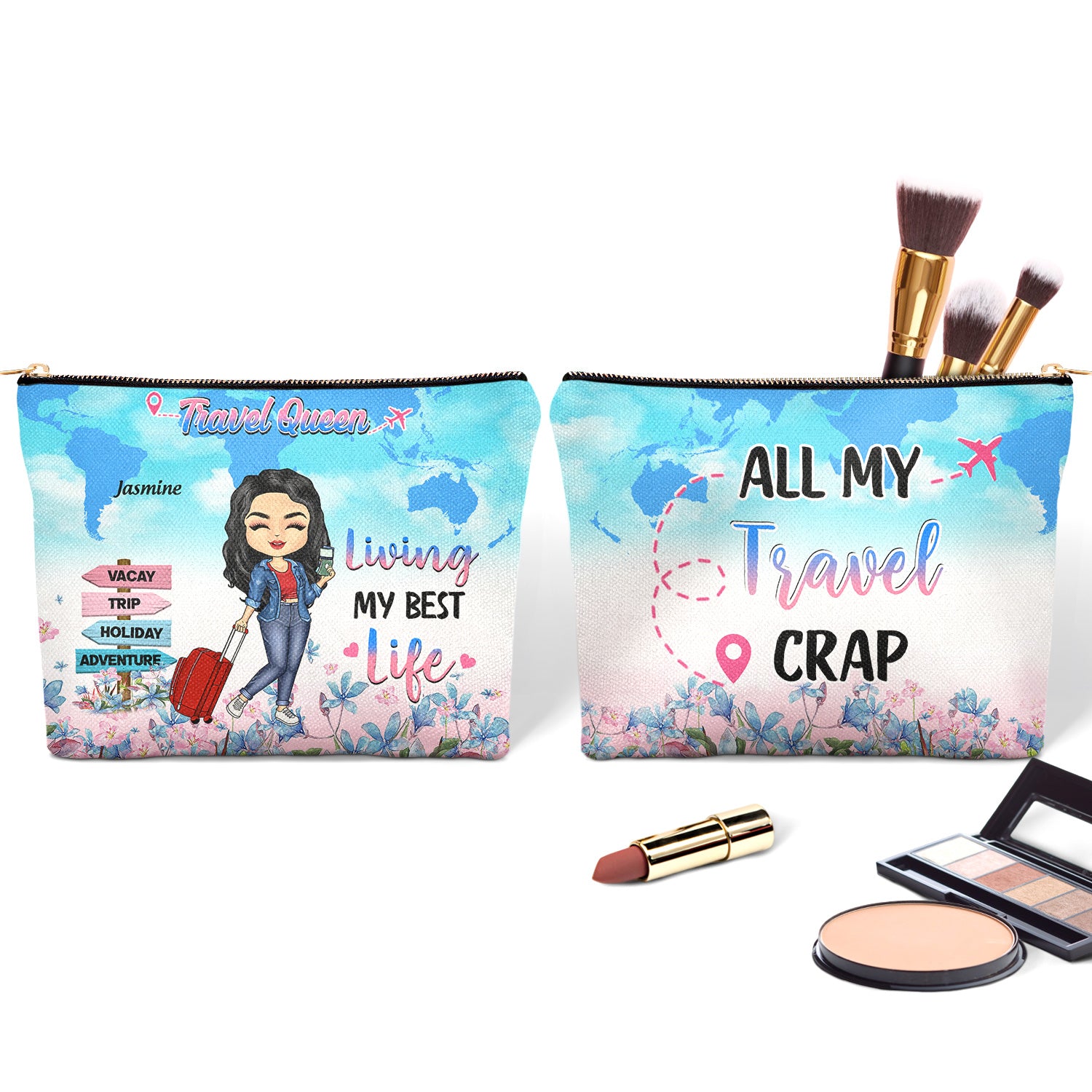 Travel Queen Living My Best Life - Gift For Travel Lovers, Travelers - Personalized Cosmetic Bag