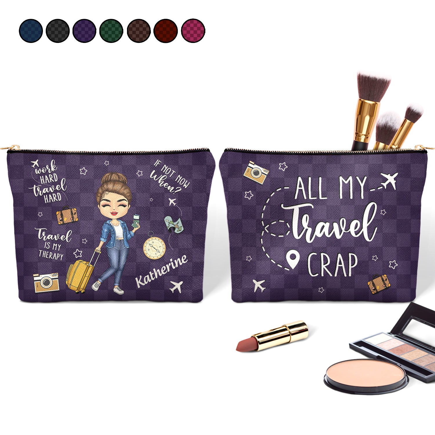 Travel Is My Therapy All My Travel Crap - Gift For Her, Traveling Lovers, Vacation Lovers - Personalized Cosmetic Bag