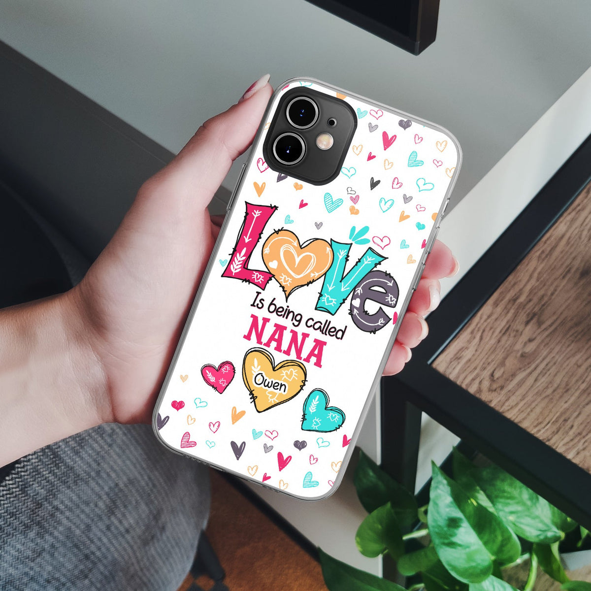 Coque de téléphone transparente personnalisée avec jolis cœurs pour grand-mère et enfants ! Cadeau d'anniversaire ou de Noël pour maman ou grand-mère