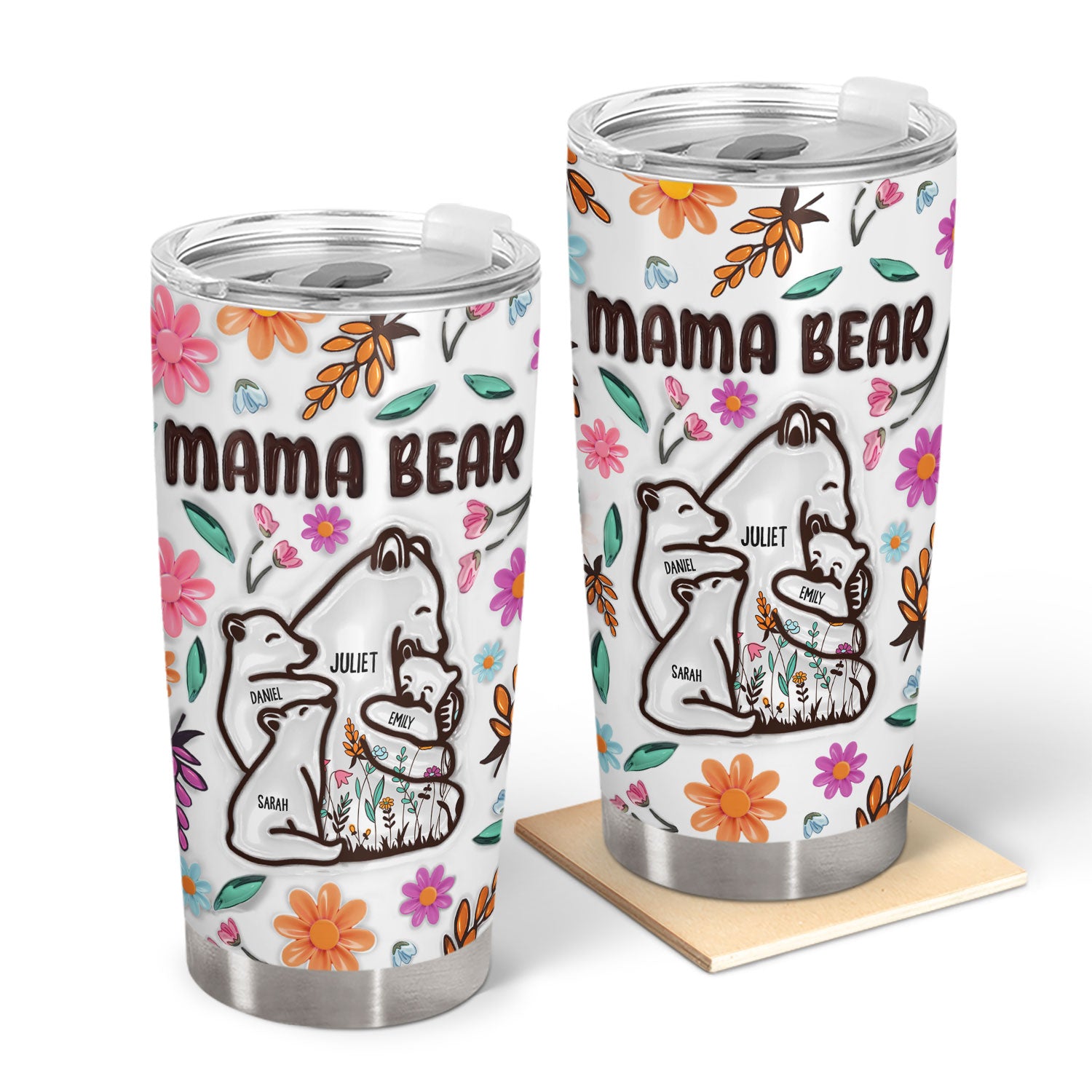 Mama Bear Floral Style - Birthday, Loving Gift For Mom, Mother, Grandma, Grandmother - 3D Inflated Effect Printed Tumbler, Personalized Tumbler