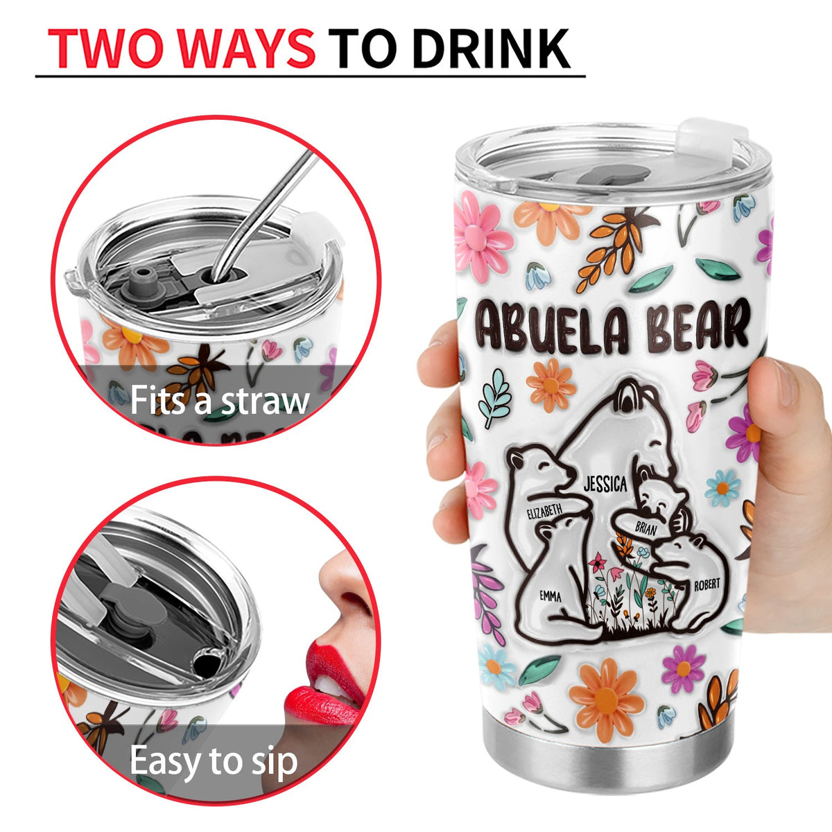 Mama Bear Floral Style - Birthday, Loving Gift For Mom, Mother, Grandma, Grandmother - 3D Inflated Effect Printed Tumbler, Personalized Tumbler