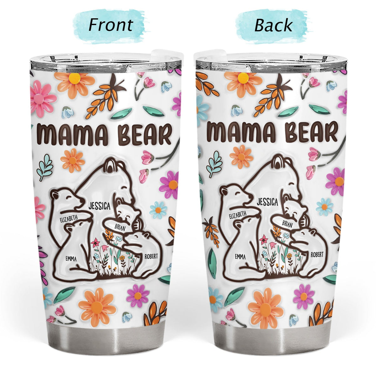 Mama Bear Floral Style - Birthday, Loving Gift For Mom, Mother, Grandma, Grandmother - 3D Inflated Effect Printed Tumbler, Personalized Tumbler