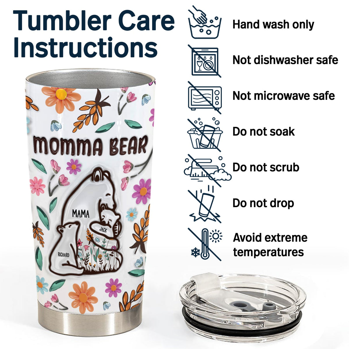 Mama Bear Floral Style - Birthday, Loving Gift For Mom, Mother, Grandma, Grandmother - 3D Inflated Effect Printed Tumbler, Personalized Tumbler