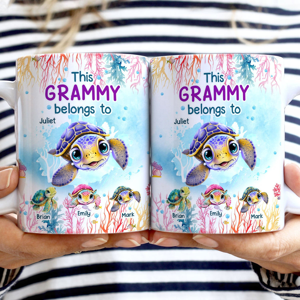 This Grandma Belongs To Cute Ocean Turtles - Gift For Grandmother, Mother, Mom - Personalized White Edge-to-Edge Mug