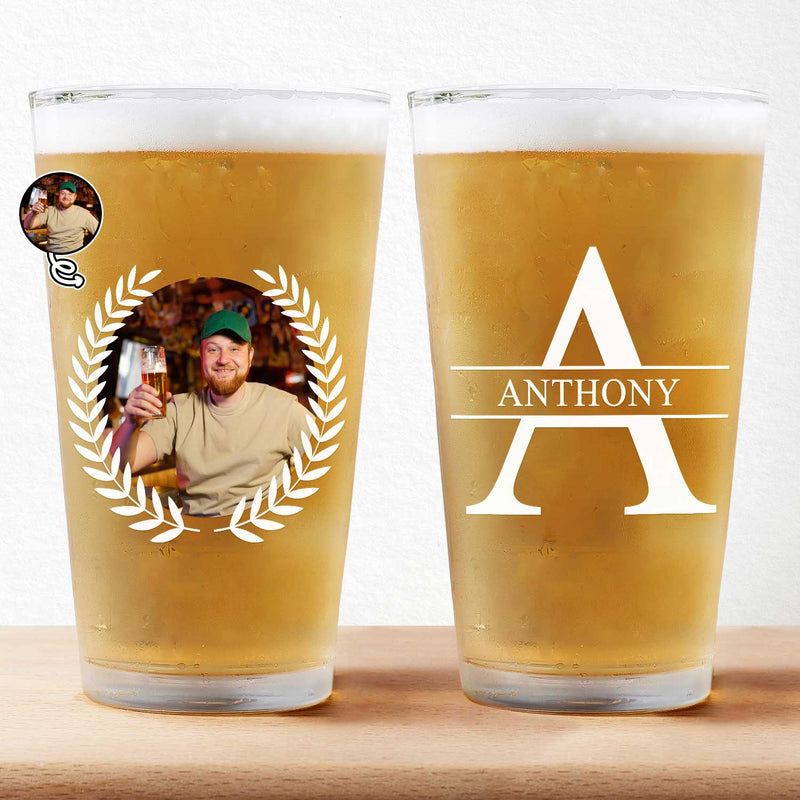 Custom Photo Monogram Name - Gift For Men, Dad, Father, Grandfather, Grandpa, Husband - Personalized Beer Glass