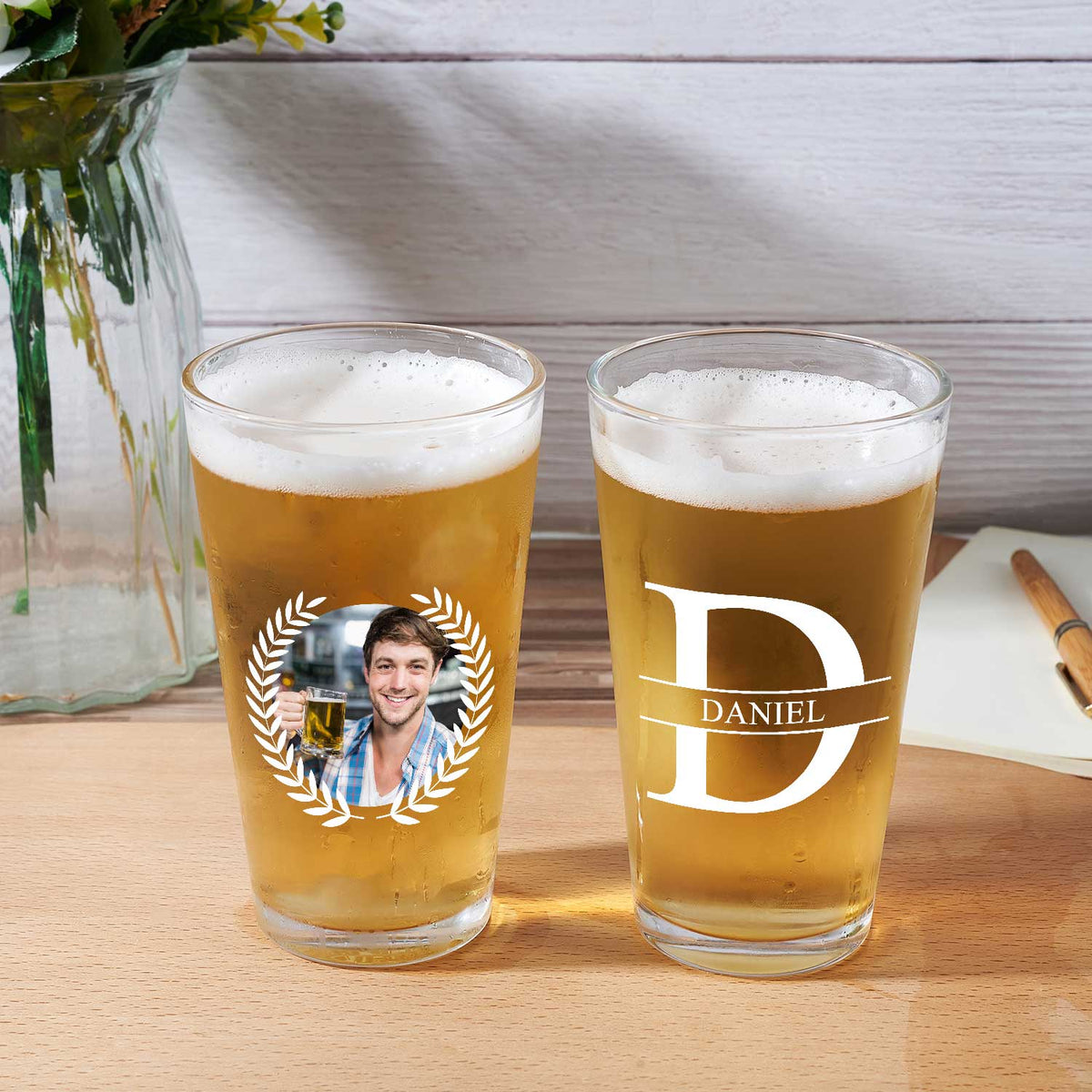 Custom Photo Monogram Name - Gift For Men, Dad, Father, Grandfather, Grandpa, Husband - Personalized Beer Glass