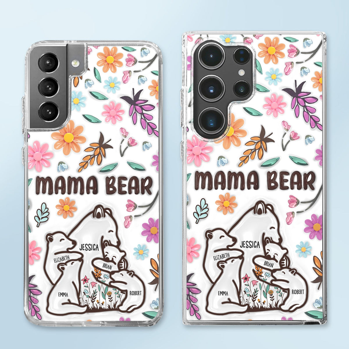 Mama Bear Floral Style Version 2 - 3D Inflated Effect Printed, Personalized Clear Phone Case