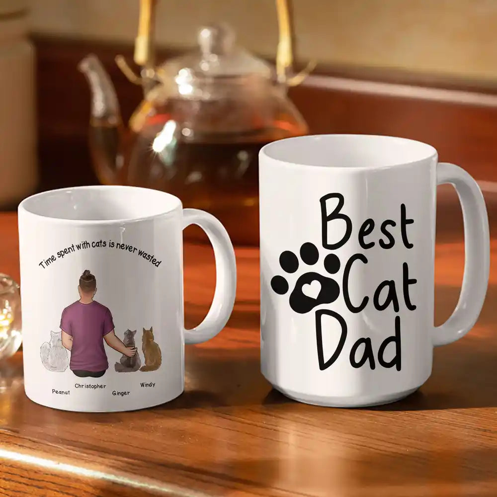 Best Cat Dad Time Spent With Cats Is Never Wasted - Personalized White Edge-to-Edge Mug