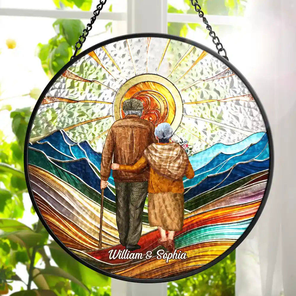 Old Couple Together Forever - Personalized Stained Glass Window Hanging Suncatcher