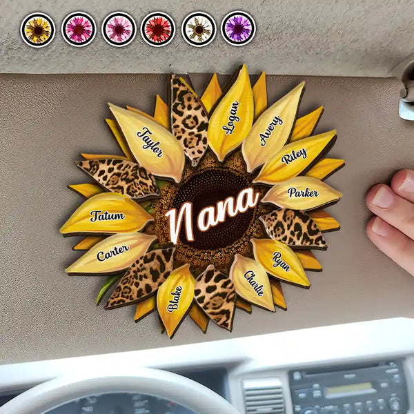 Tournesol familial Nana, maman, tante - Clip de pare-soleil de voiture personnalisé en forme personnalisée 