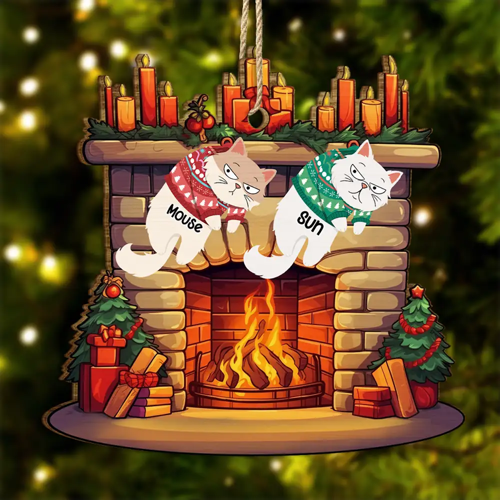 Funny Cats Hanging On Christmas Fireplace - Personalized Custom Shaped Wooden Ornament
