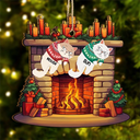 Funny Cats Hanging On Christmas Fireplace - Personalized Custom Shaped Wooden Ornament