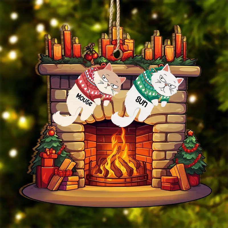 Funny Cats Hanging On Christmas Fireplace - Personalized Custom Shaped Wooden Ornament