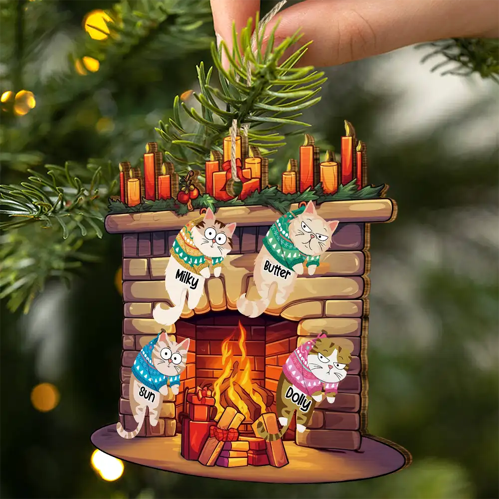 Funny Cats Hanging On Christmas Fireplace - Personalized Custom Shaped Wooden Ornament