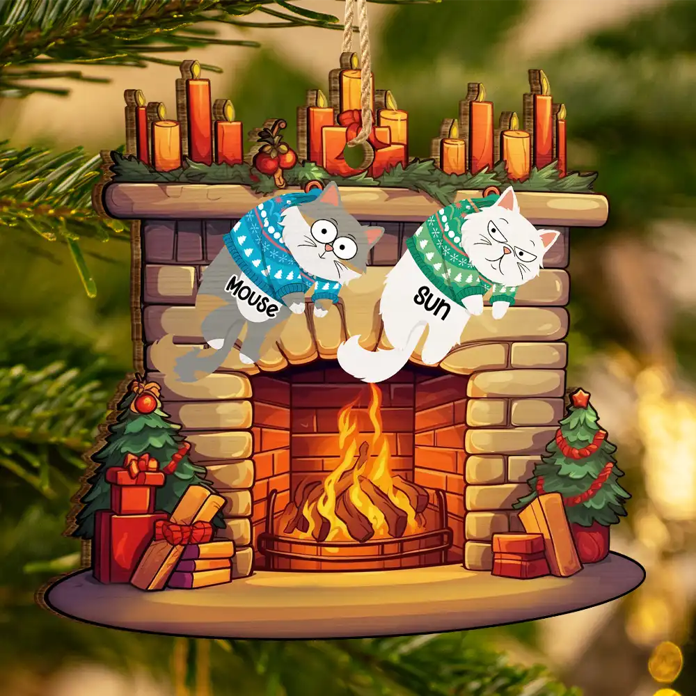 Funny Cats Hanging On Christmas Fireplace - Personalized Custom Shaped Wooden Ornament