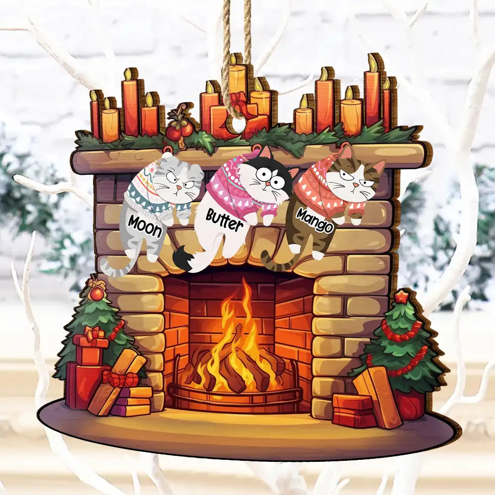 Funny Cats Hanging On Christmas Fireplace - Personalized Custom Shaped Wooden Ornament
