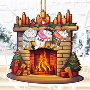 Funny Cats Hanging On Christmas Fireplace - Personalized Custom Shaped Wooden Ornament