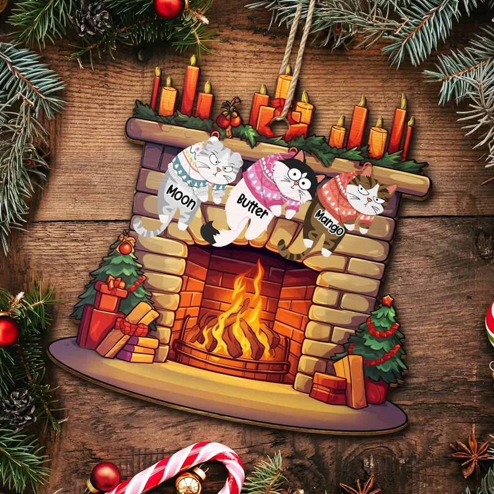 Funny Cats Hanging On Christmas Fireplace - Personalized Custom Shaped Wooden Ornament