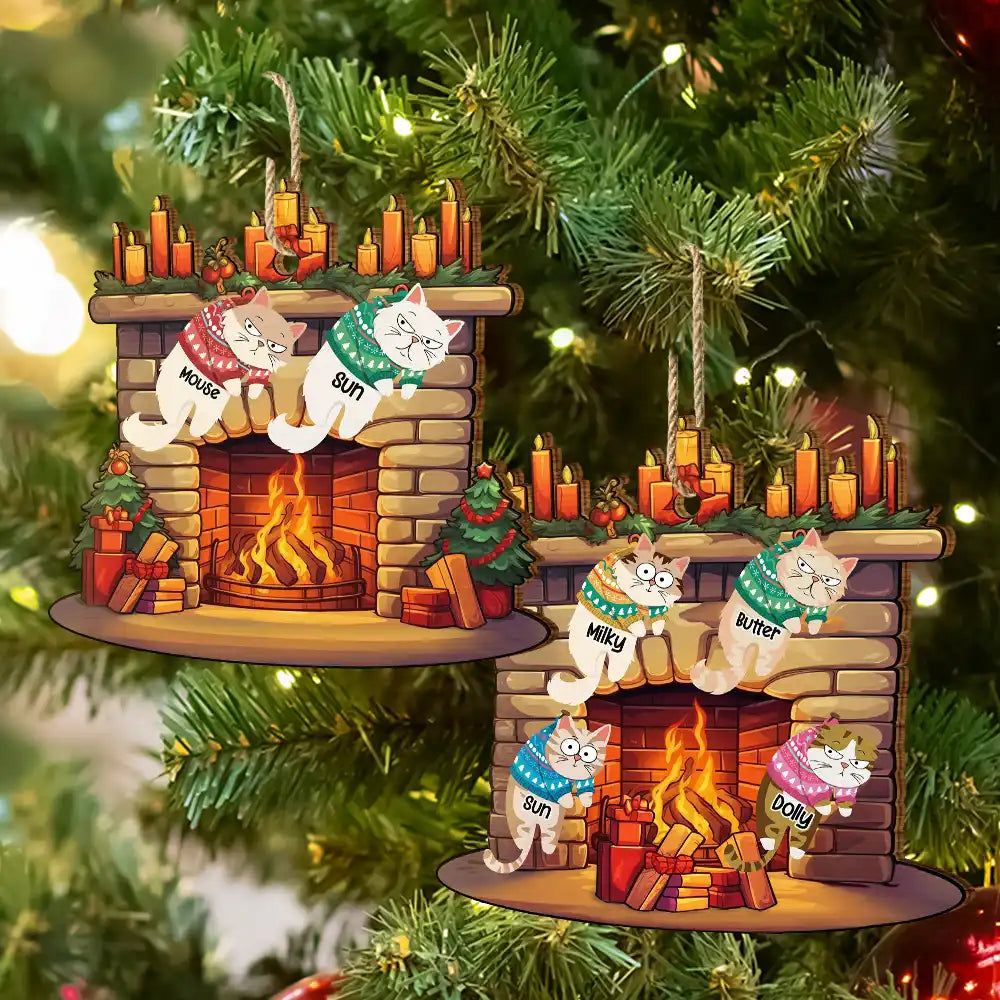 Funny Cats Hanging On Christmas Fireplace - Personalized Custom Shaped Wooden Ornament