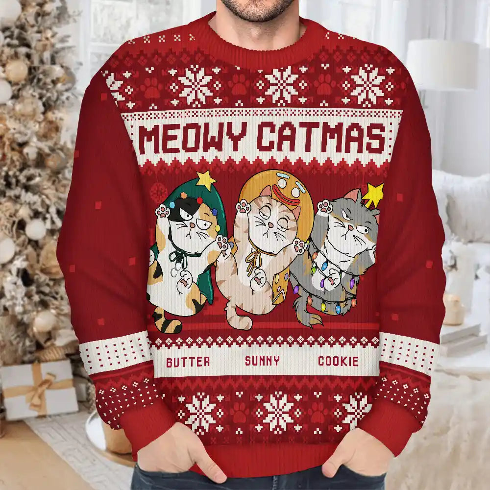 Meowy Catmas Funny Cats Showing Tummy - Personalized Unisex Ugly Sweater