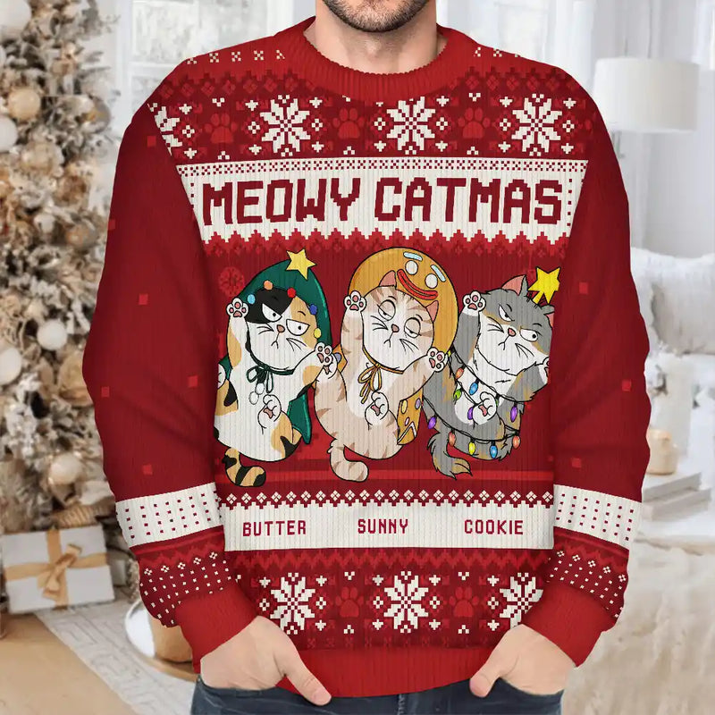 Meowy Catmas - Chats drôles montrant leur ventre - Pull moche unisexe personnalisé 