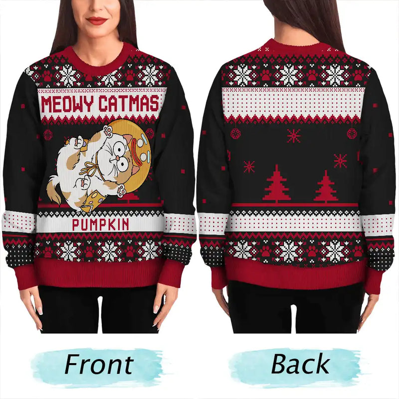 Meowy Catmas - Chats drôles montrant leur ventre - Pull moche unisexe personnalisé 