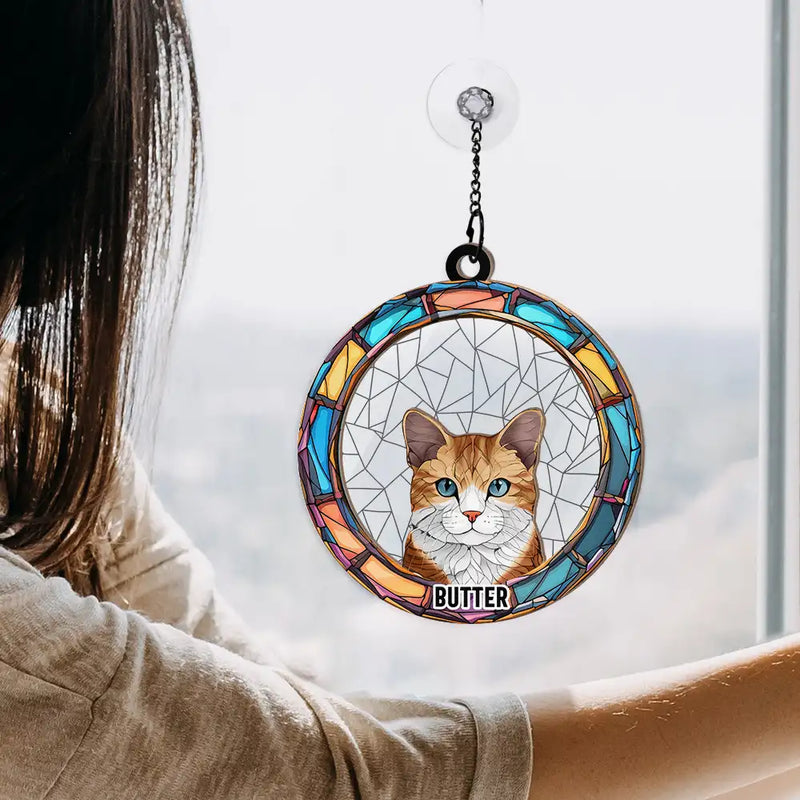 Stained Glass Dog Cat Portrait - Personalized Window Hanging Suncatcher Ornament