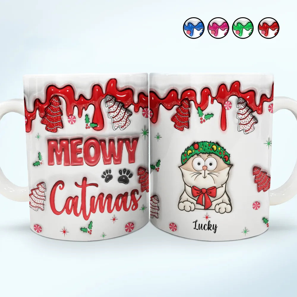 Meowy Catmas Funny Cartoon Cats - 3D Inflated Effect Printed Mug, Personalized White Edge-to-Edge Mug