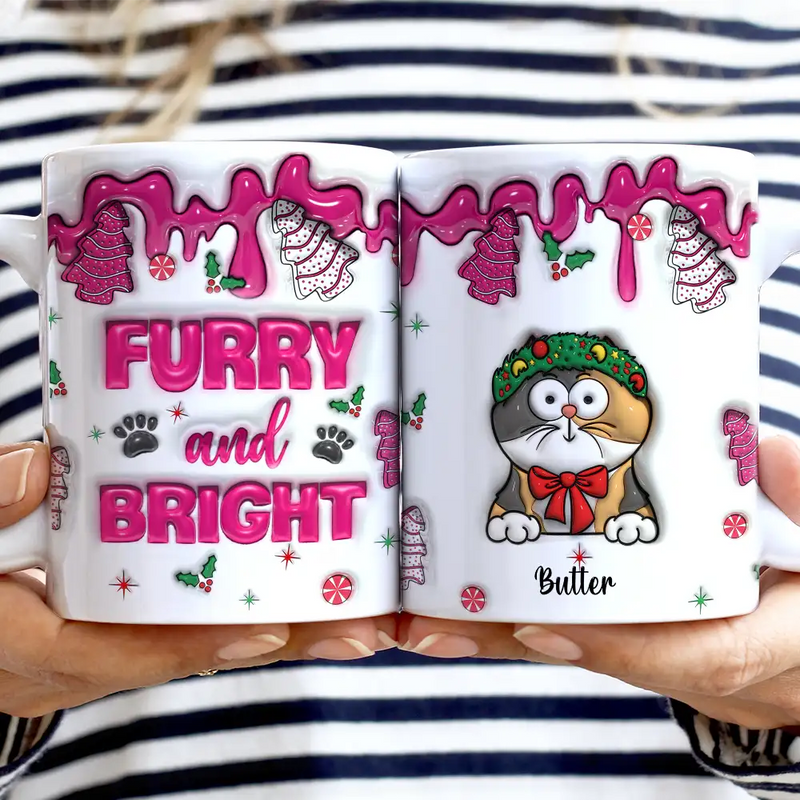 Meowy Catmas Funny Cartoon Cats - 3D Inflated Effect Printed Mug, Personalized White Edge-to-Edge Mug